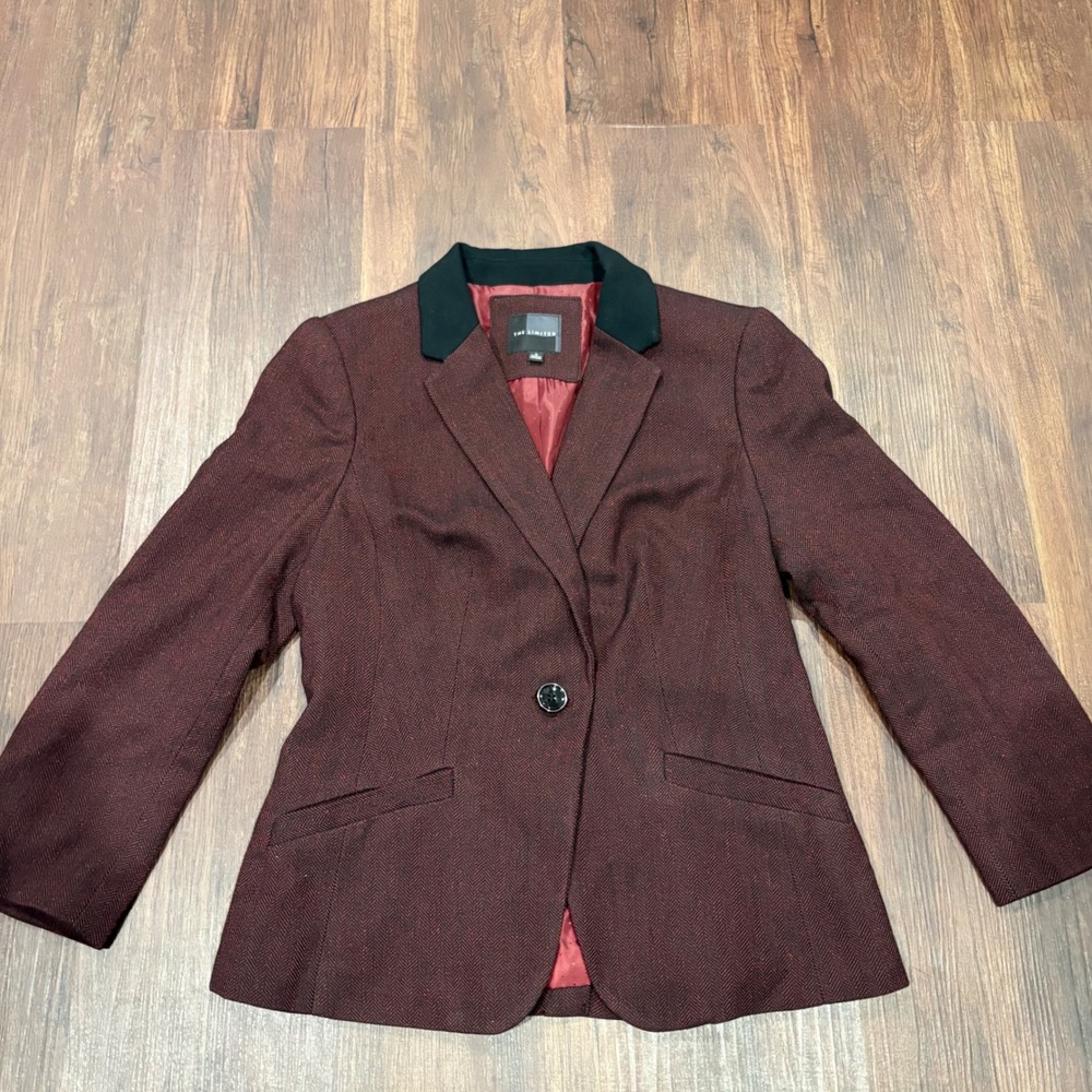 The Limited Chic Herringbone Blazer S Burgundy Tailored Dark Academia Ivy League